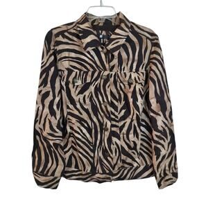 3766)Carole Little Zebra Print Tan Brown Button Down Long Sleeve Linen Top 1X